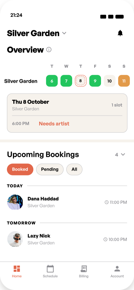 Nexgig home screen: a venue’s week shown as booked, pending and needs-artist nights, above upcoming bookings filtered by Booked, Pending or All